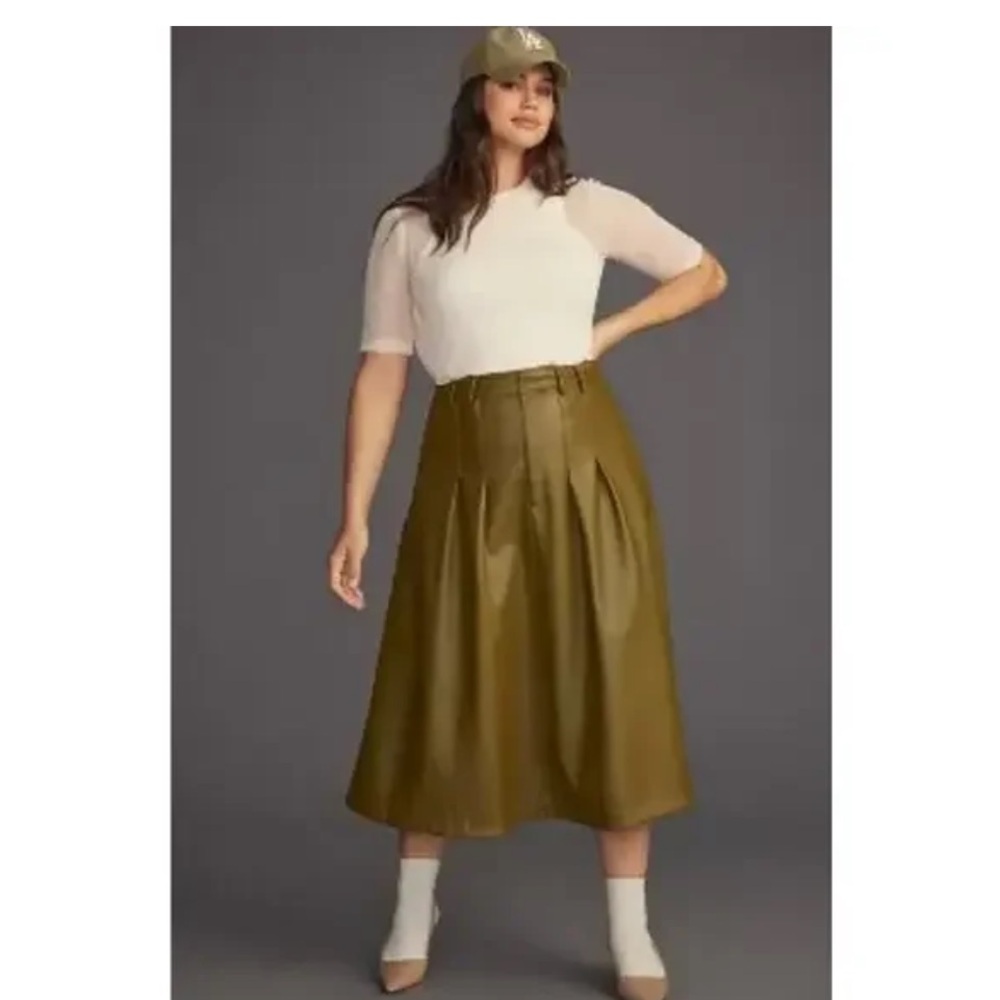 By Anthropologie Faux Leather Trousers Pleat Midi Skirt